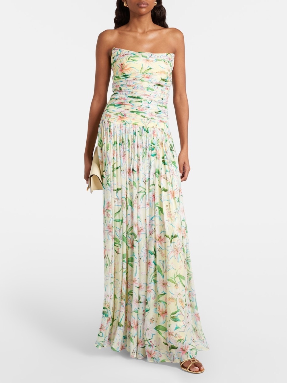 EUC- La Fuori Strapless Floral Maxi Dress in Cream and Green